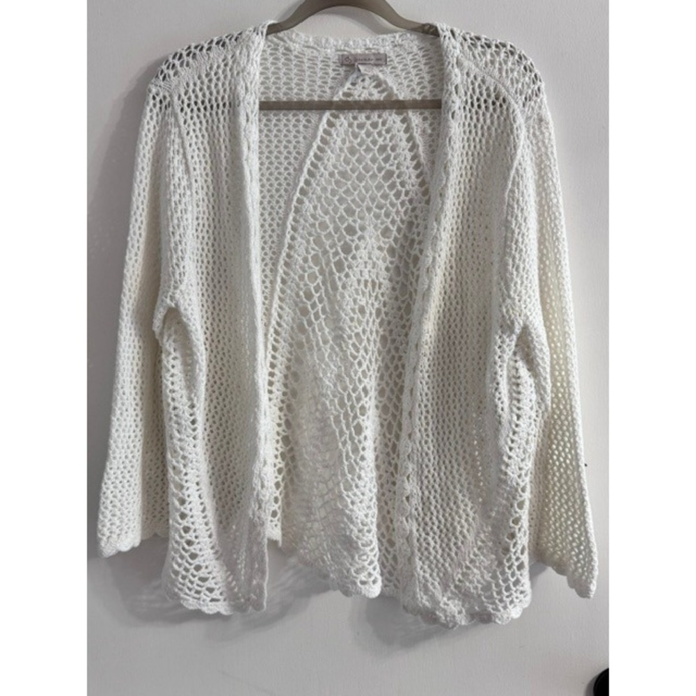 Dress Barn White Crochet Knit Open Front Cardigan Sweater Womens Large Scalloped